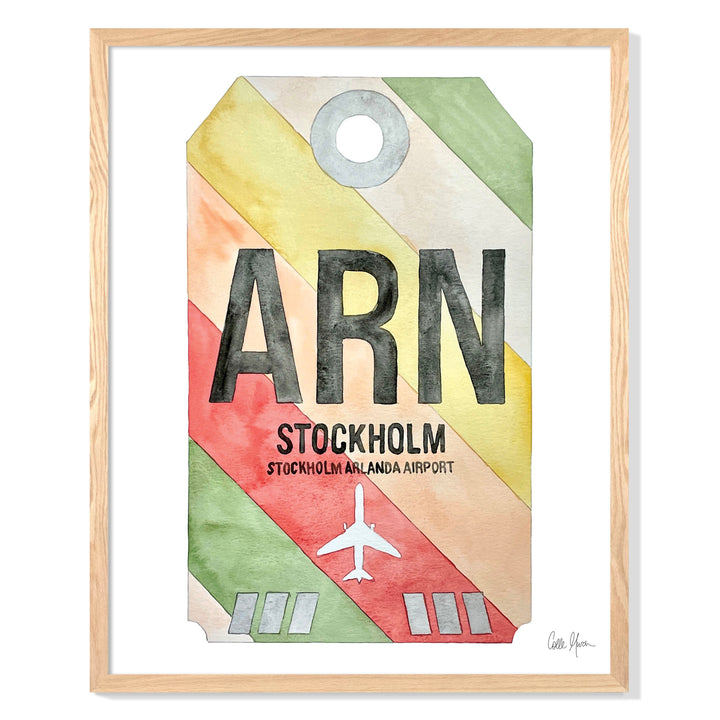 Framed Watercolor Print of Stockholm Arlanda Airport (ARN 2) with an Oak Frame
