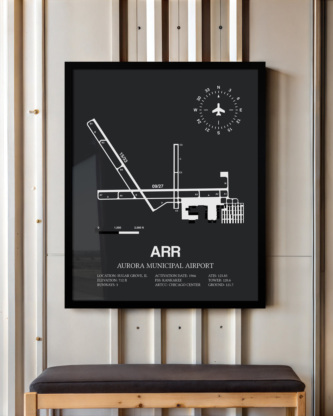 Framed Detailed Airport Map of Aurora Municipal Airport (ARR) in Gray with a Black Frame