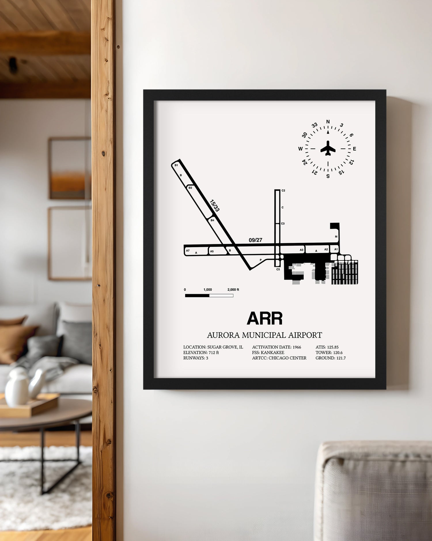 Framed Detailed Airport Map of Aurora Municipal Airport (ARR) in White with a Black Frame