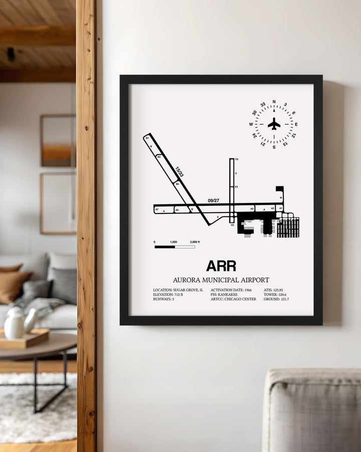 Framed Detailed Airport Map of Aurora Municipal Airport (ARR) in White with a Black Frame