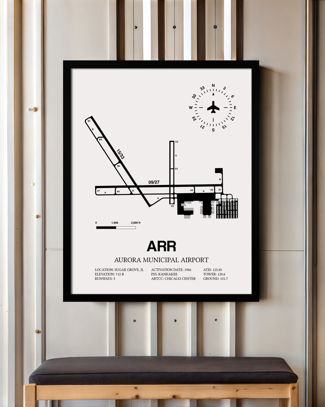Framed Detailed Airport Map of Aurora Municipal Airport (ARR) in White with a Black Frame