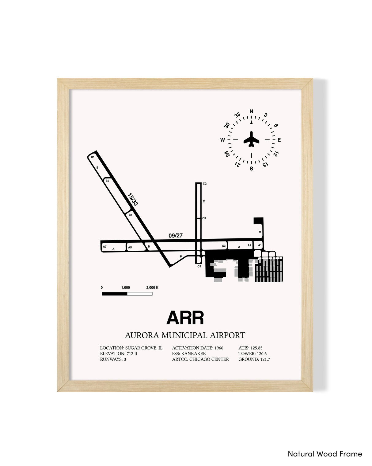 Detailed Airport Map of Aurora Municipal Airport (ARR) in White with a Natural Frame