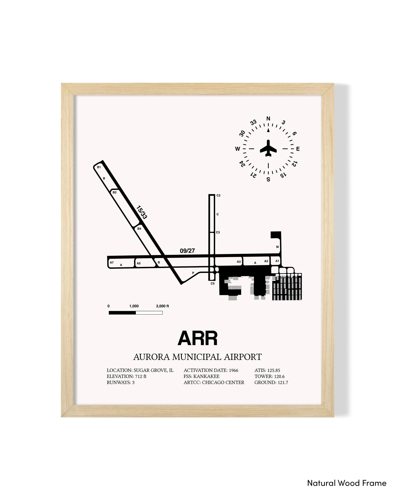 Detailed Airport Map of Aurora Municipal Airport (ARR) in White with a Natural Frame