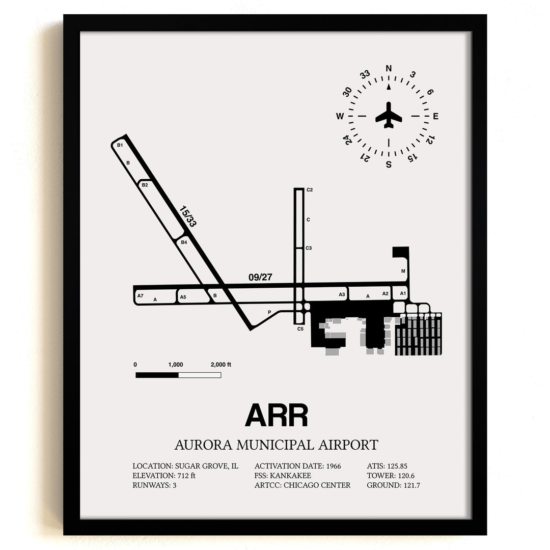 Framed Detailed Airport Map of Aurora Municipal Airport (ARR) in White with a Black Frame
