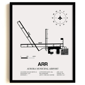 Framed Detailed Airport Map of Aurora Municipal Airport (ARR) in White with a Black Frame