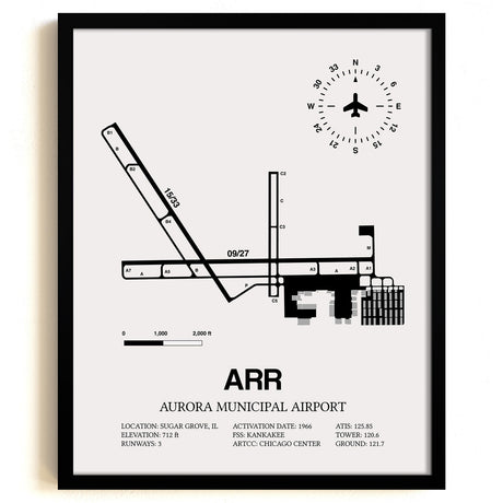 Framed Detailed Airport Map of Aurora Municipal Airport (ARR) in White with a Black Frame