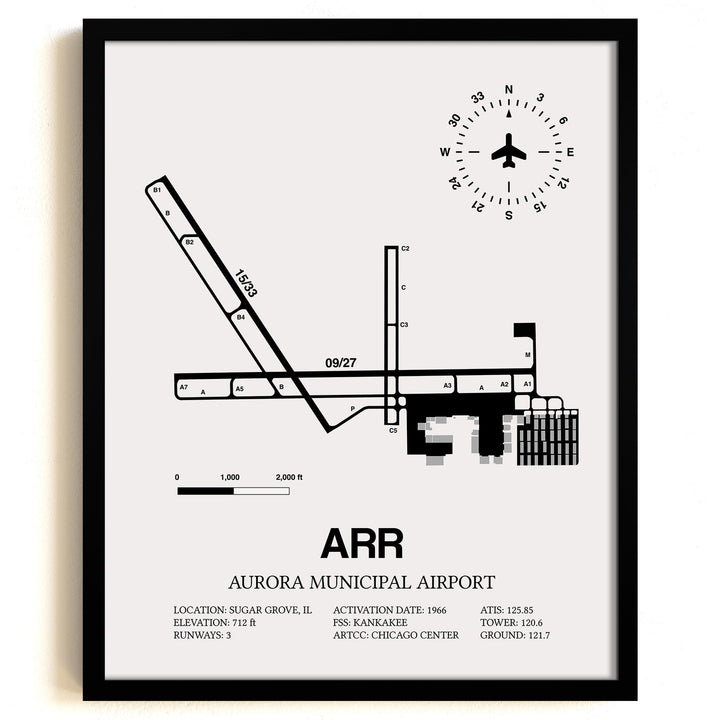 Framed Detailed Airport Map of Aurora Municipal Airport (ARR) in White with a Black Frame