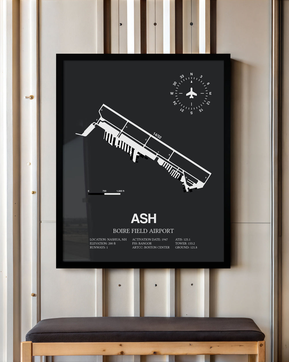 Framed Detailed Airport Map of Boire Field Airport (ASH) in Gray with a Black Frame