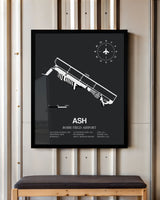 Framed Detailed Airport Map of Boire Field Airport (ASH) in Gray with a Black Frame