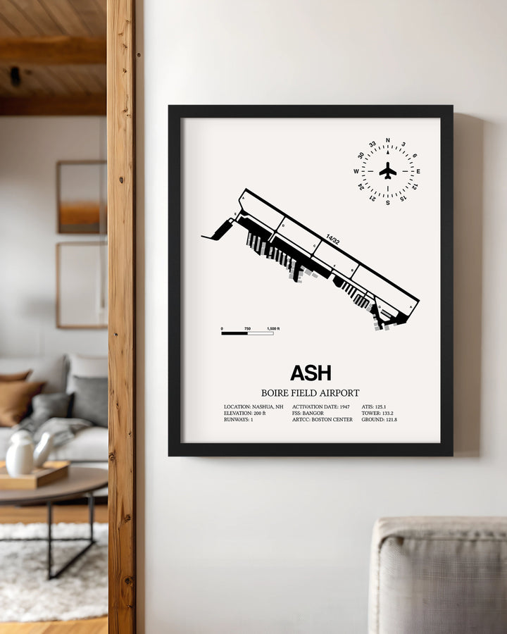 Framed Detailed Airport Map of Boire Field Airport (ASH) in White with a Black Frame