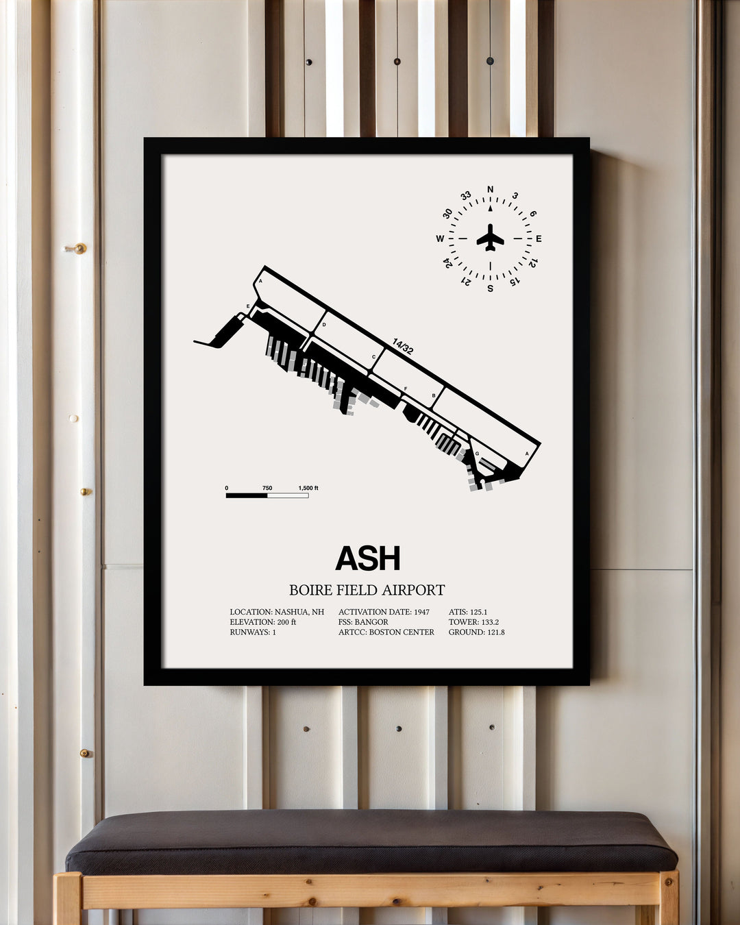 Framed Detailed Airport Map of Boire Field Airport (ASH) in White with a Black Frame