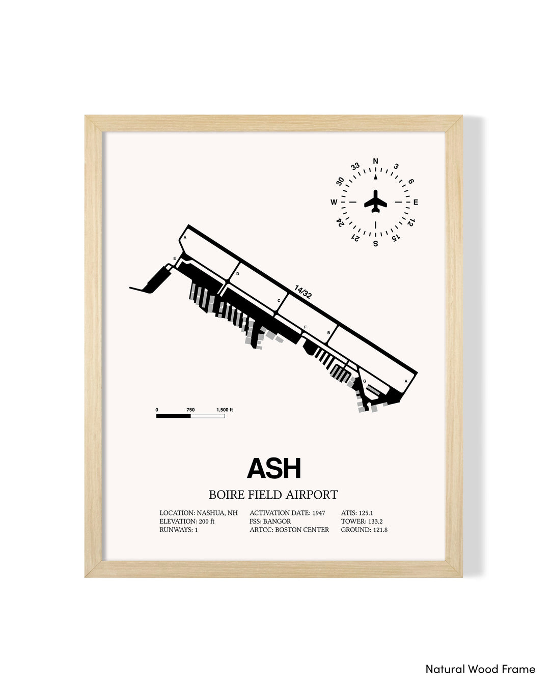 Detailed Airport Map of Boire Field Airport (ASH) in White with a Natural Frame