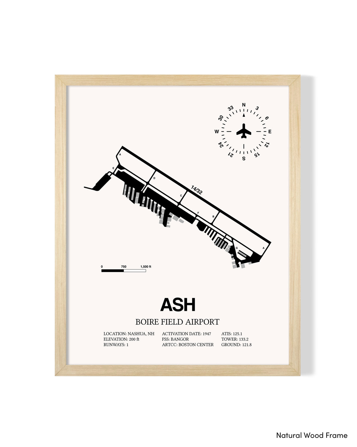 Detailed Airport Map of Boire Field Airport (ASH) in White with a Natural Frame