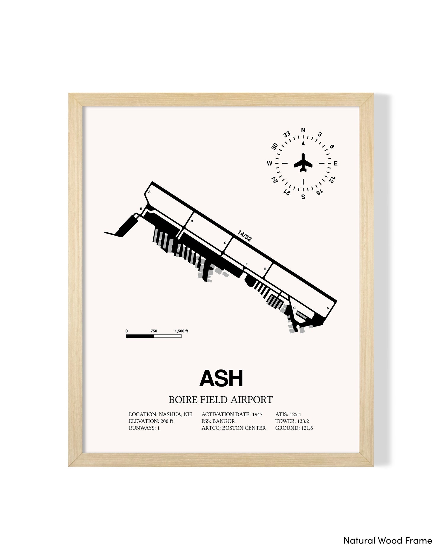 Detailed Airport Map of Boire Field Airport (ASH) in White with a Natural Frame