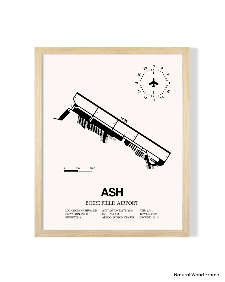 Detailed Airport Map of Boire Field Airport (ASH) in White with a Natural Frame