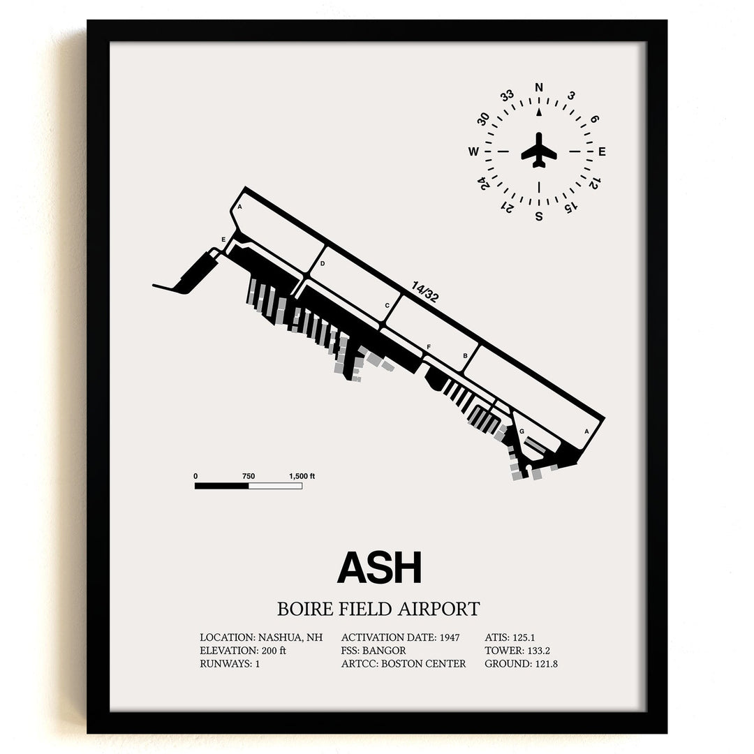 Framed Detailed Airport Map of Boire Field Airport (ASH) in White with a Black Frame