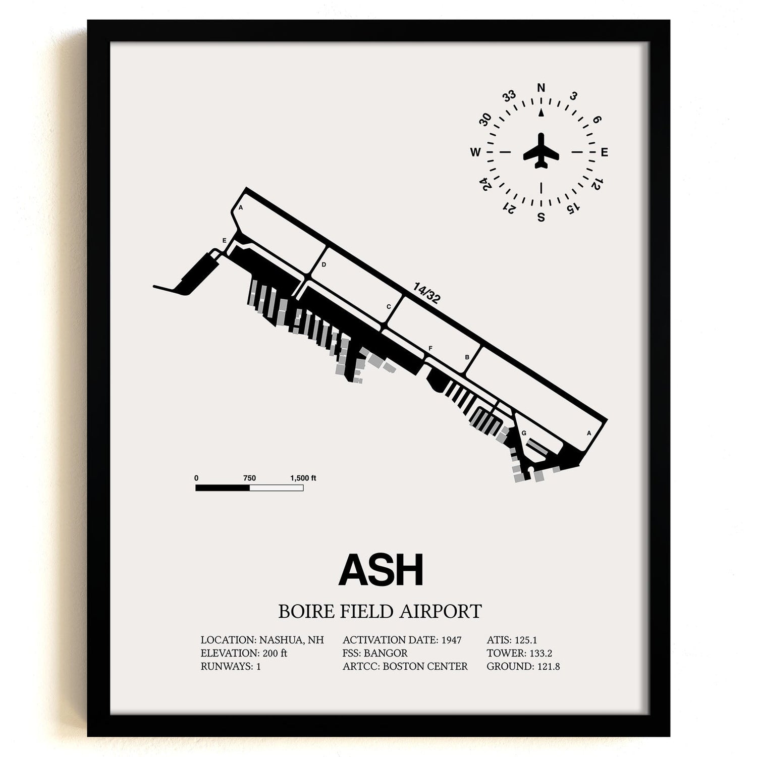 Framed Detailed Airport Map of Boire Field Airport (ASH) in White with a Black Frame