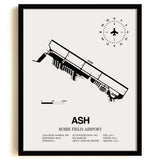 Framed Detailed Airport Map of Boire Field Airport (ASH) in White with a Black Frame