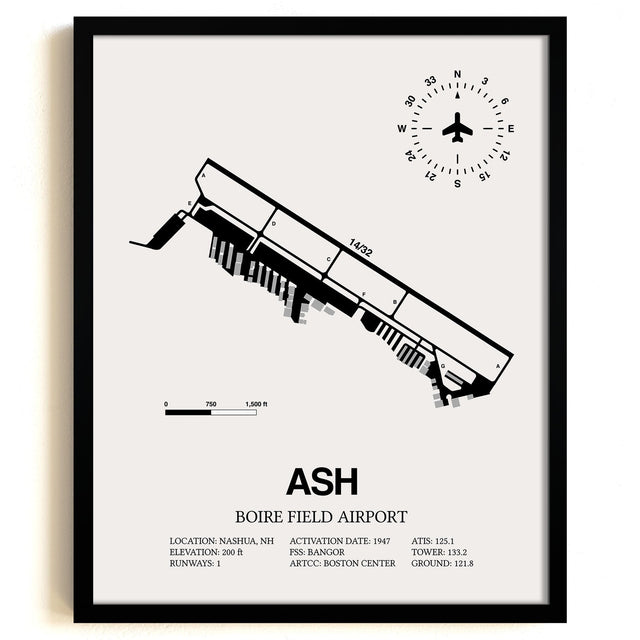 Framed Detailed Airport Map of Boire Field Airport (ASH) in White with a Black Frame