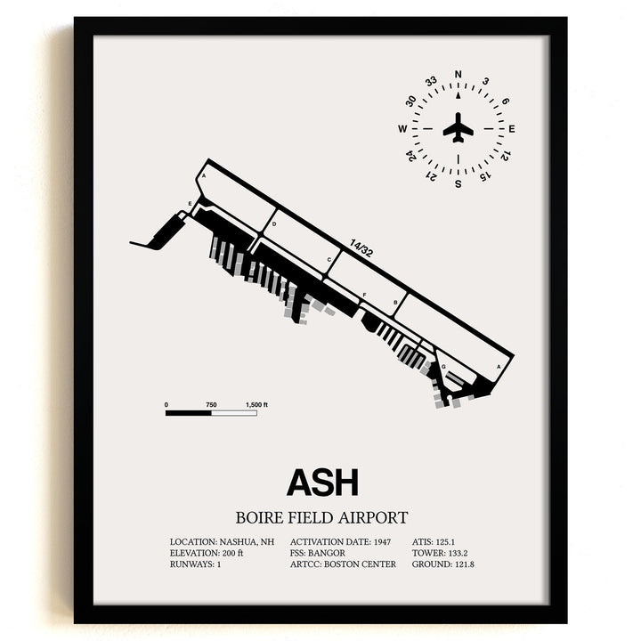 Framed Detailed Airport Map of Boire Field Airport (ASH) in White with a Black Frame