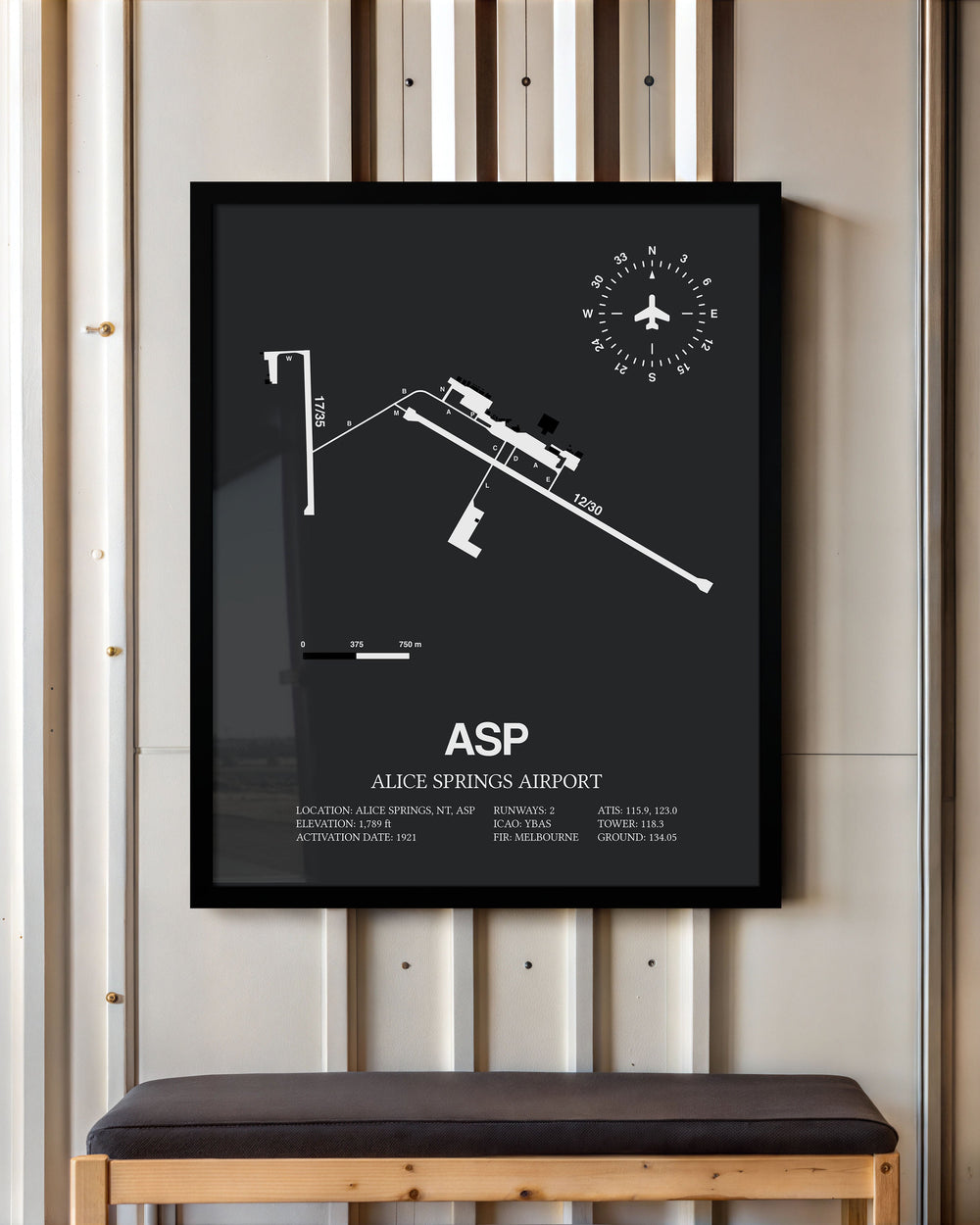 Framed Detailed Airport Map of Alice Springs Airport (ASP) in Gray with a Black Frame