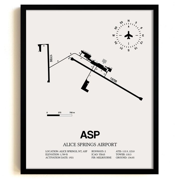 Framed Detailed Airport Map of Alice Springs Airport (ASP) in White with a Black Frame