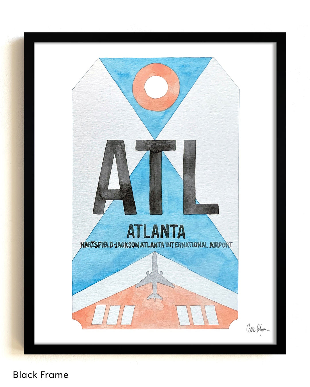 Framed Watercolor Print of Hartsfield-Jackson Atlanta International Airport (ATL) with a Black Frame