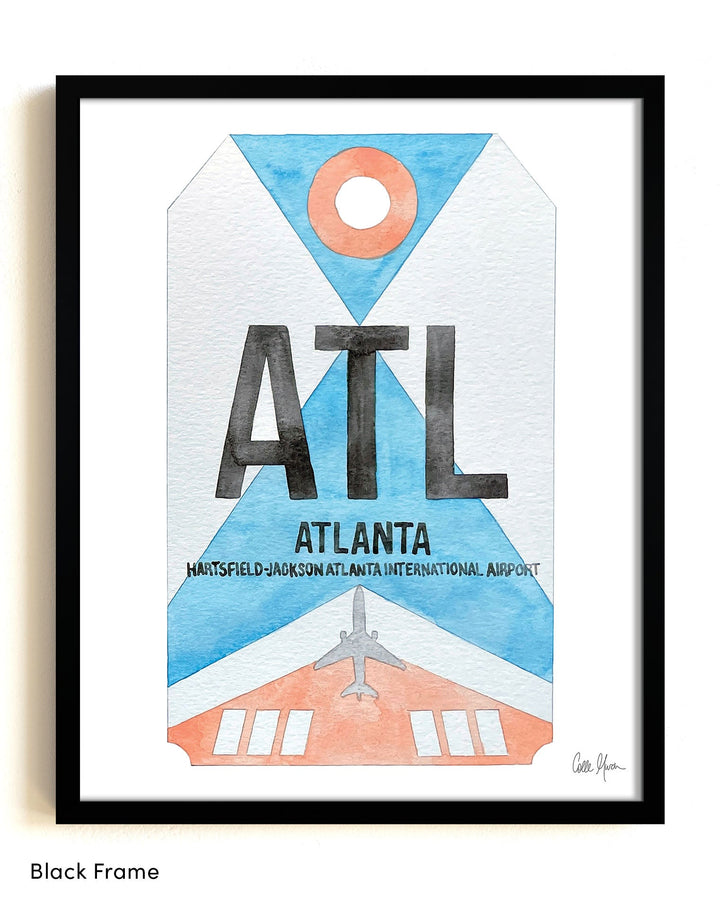 Framed Watercolor Print of Hartsfield-Jackson Atlanta International Airport (ATL) with a Black Frame