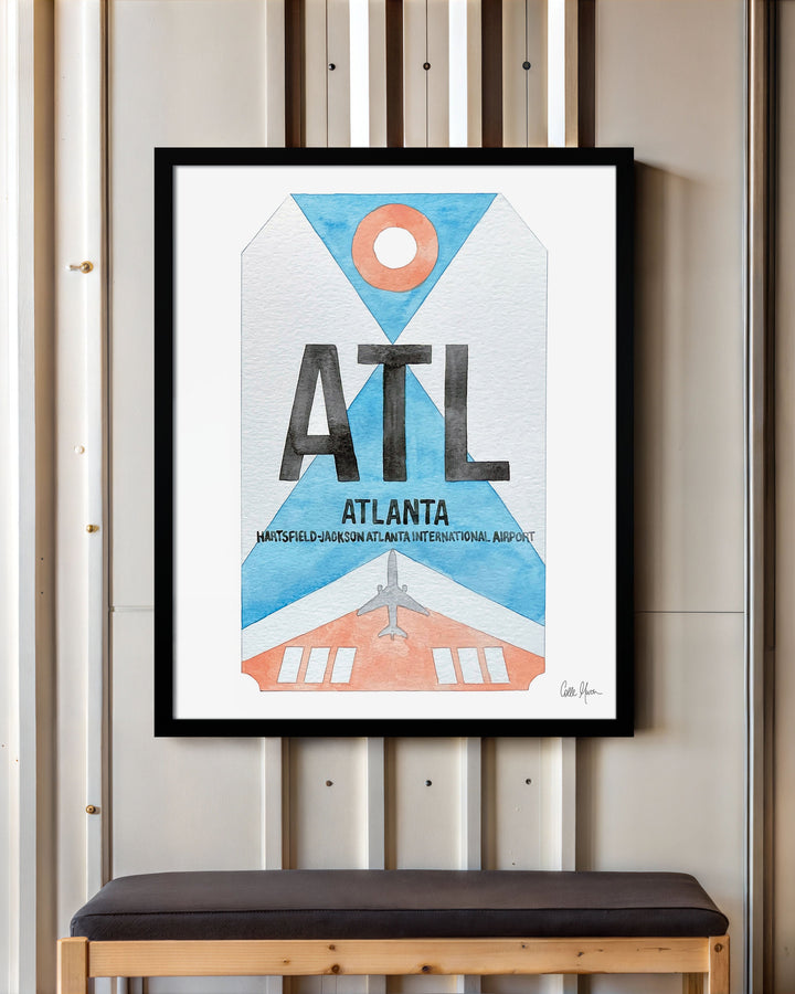 Framed Watercolor Print of Hartsfield-Jackson Atlanta International Airport (ATL) with a Black Frame