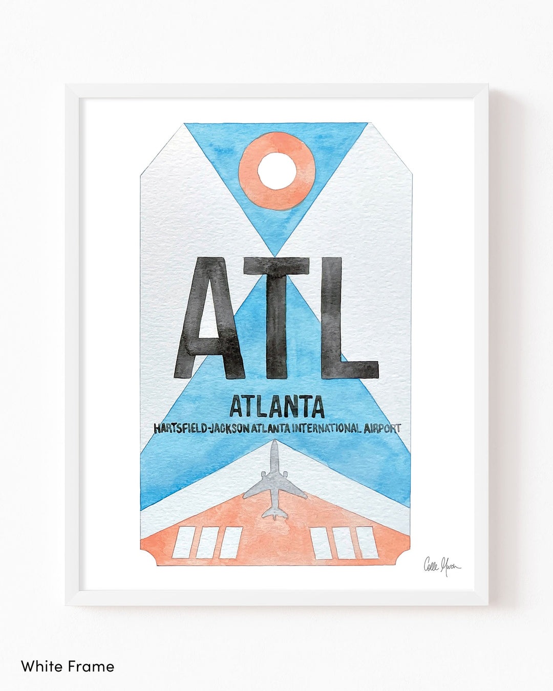 Framed Watercolor Print of Hartsfield-Jackson Atlanta International Airport (ATL) with a White Frame