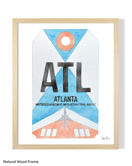 Framed Watercolor Print of Hartsfield-Jackson Atlanta International Airport (ATL) with a Natural Wood Frame