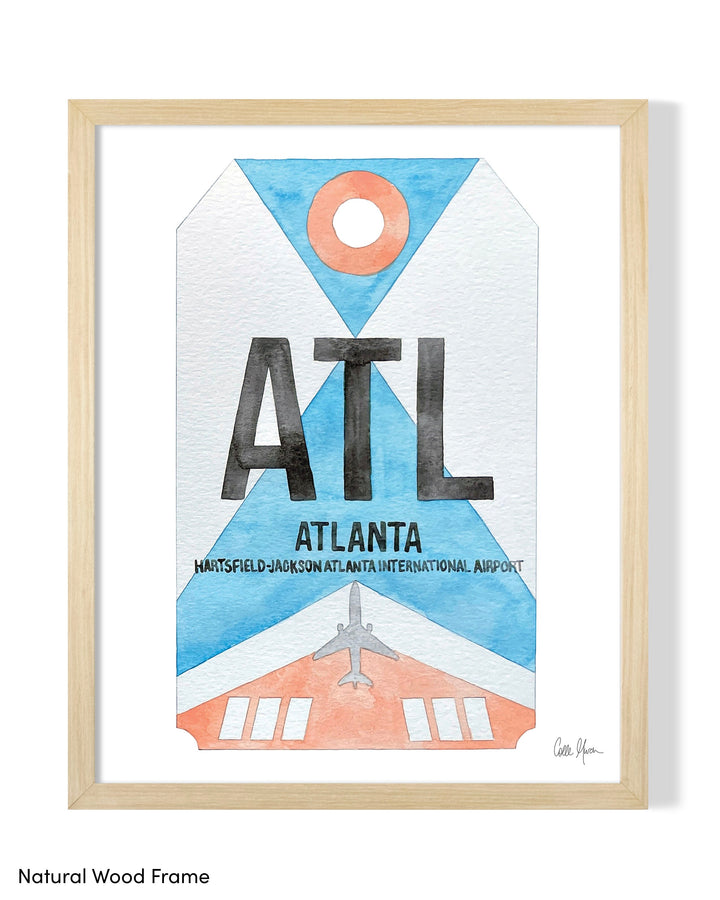 Framed Watercolor Print of Hartsfield-Jackson Atlanta International Airport (ATL) with a Natural Wood Frame