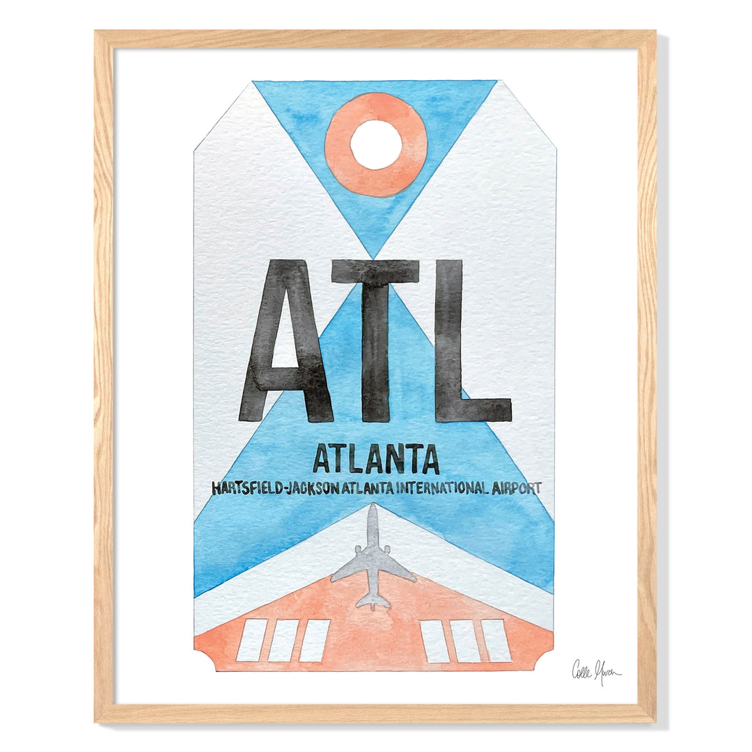 Framed Watercolor Print of Hartsfield-Jackson Atlanta International Airport (ATL) with an Oak Frame