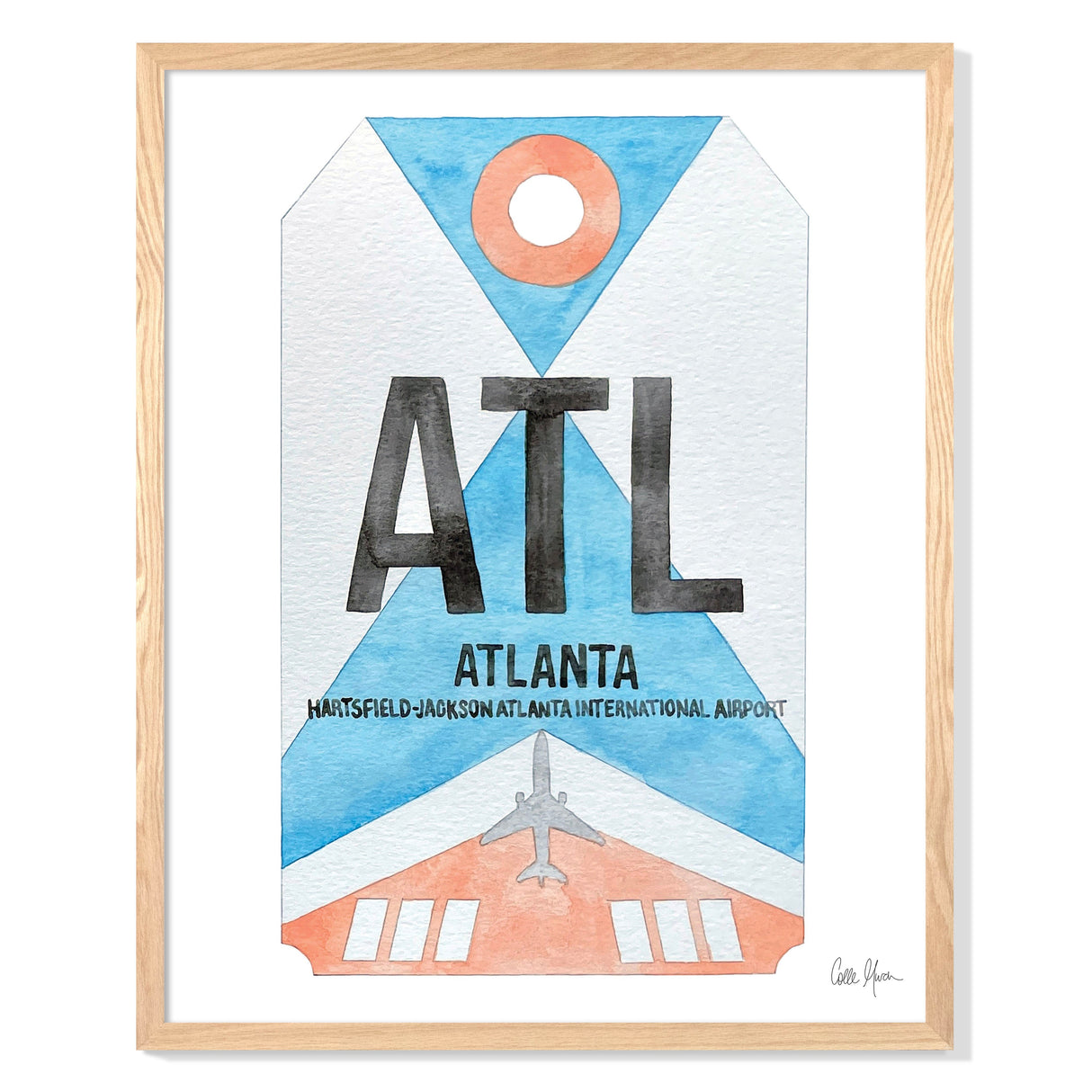 Framed Watercolor Print of Hartsfield-Jackson Atlanta International Airport (ATL) with an Oak Frame