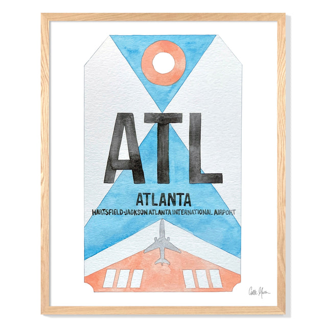 Framed Watercolor Print of Hartsfield-Jackson Atlanta International Airport (ATL) with an Oak Frame