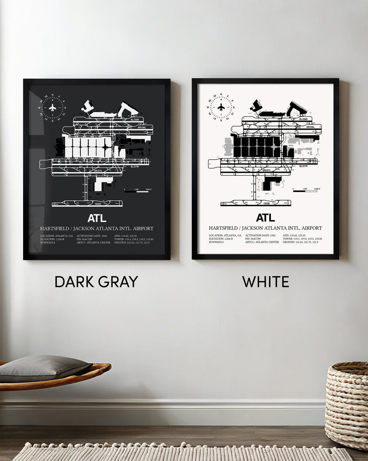 Framed Detailed Airport Map of Hartsfield Jackson Atlanta International Airport (ATL) in White and Gray