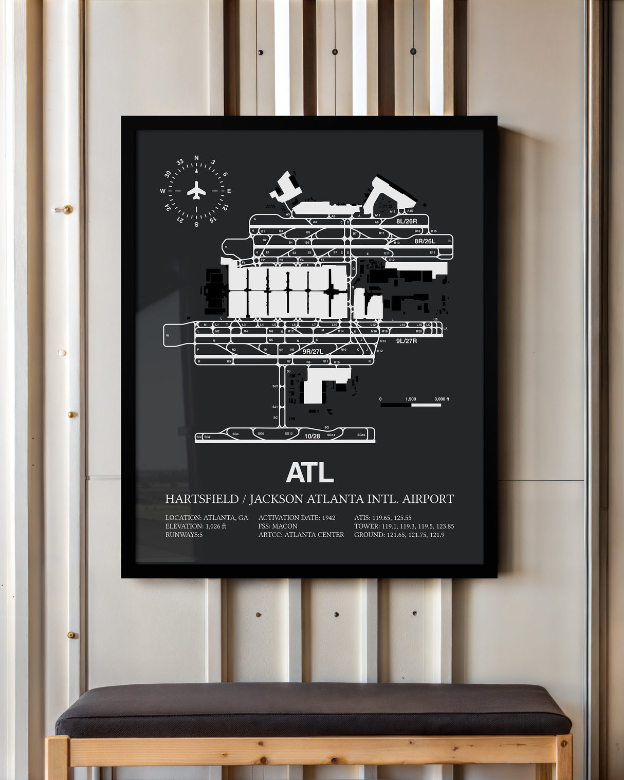 Framed Detailed Airport Map of Hartsfield Jackson Atlanta International Airport (ATL) in Gray with a Black Frame