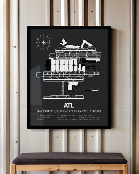 Framed Detailed Airport Map of Hartsfield Jackson Atlanta International Airport (ATL) in Gray with a Black Frame