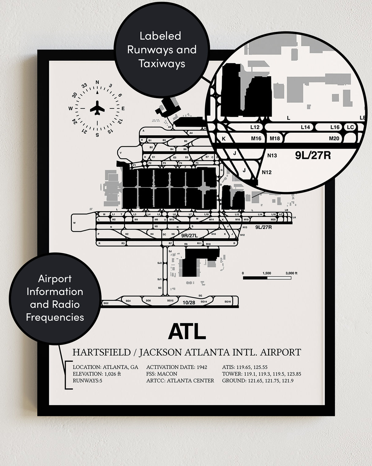 Framed Detailed Airport Map of Hartsfield Jackson Atlanta International Airport (ATL) in White with a Black Frame