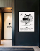 Framed Detailed Airport Map of Hartsfield Jackson Atlanta International Airport (ATL) in White with a Black Frame
