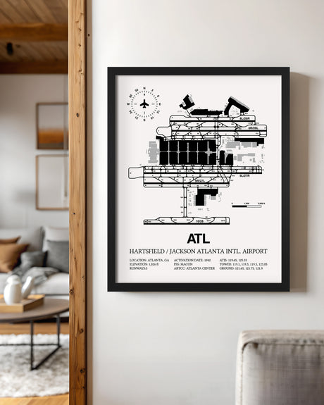 Framed Detailed Airport Map of Hartsfield Jackson Atlanta International Airport (ATL) in White with a Black Frame