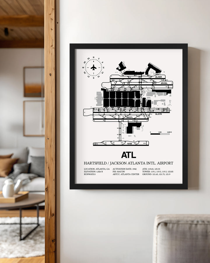 Framed Detailed Airport Map of Hartsfield Jackson Atlanta International Airport (ATL) in White with a Black Frame
