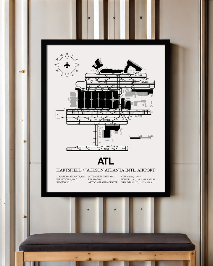 Framed Detailed Airport Map of Hartsfield Jackson Atlanta International Airport (ATL) in White with a Black Frame
