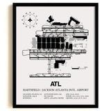 Framed Detailed Airport Map of Hartsfield Jackson Atlanta International Airport (ATL) in White with a Black Frame