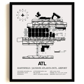 Framed Detailed Airport Map of Hartsfield Jackson Atlanta International Airport (ATL) in White with a Black Frame