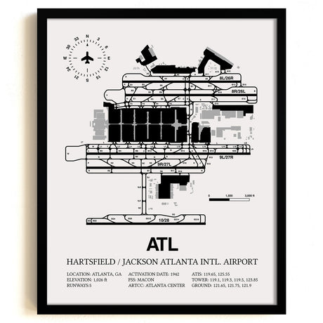 Framed Detailed Airport Map of Hartsfield Jackson Atlanta International Airport (ATL) in White with a Black Frame