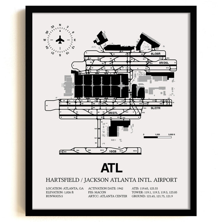 Framed Detailed Airport Map of Hartsfield Jackson Atlanta International Airport (ATL) in White with a Black Frame