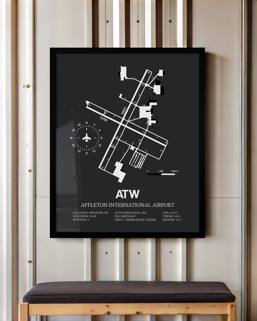 Framed Detailed Airport Map of Appleton International Airport (ATW) in Gray with a Black Frame