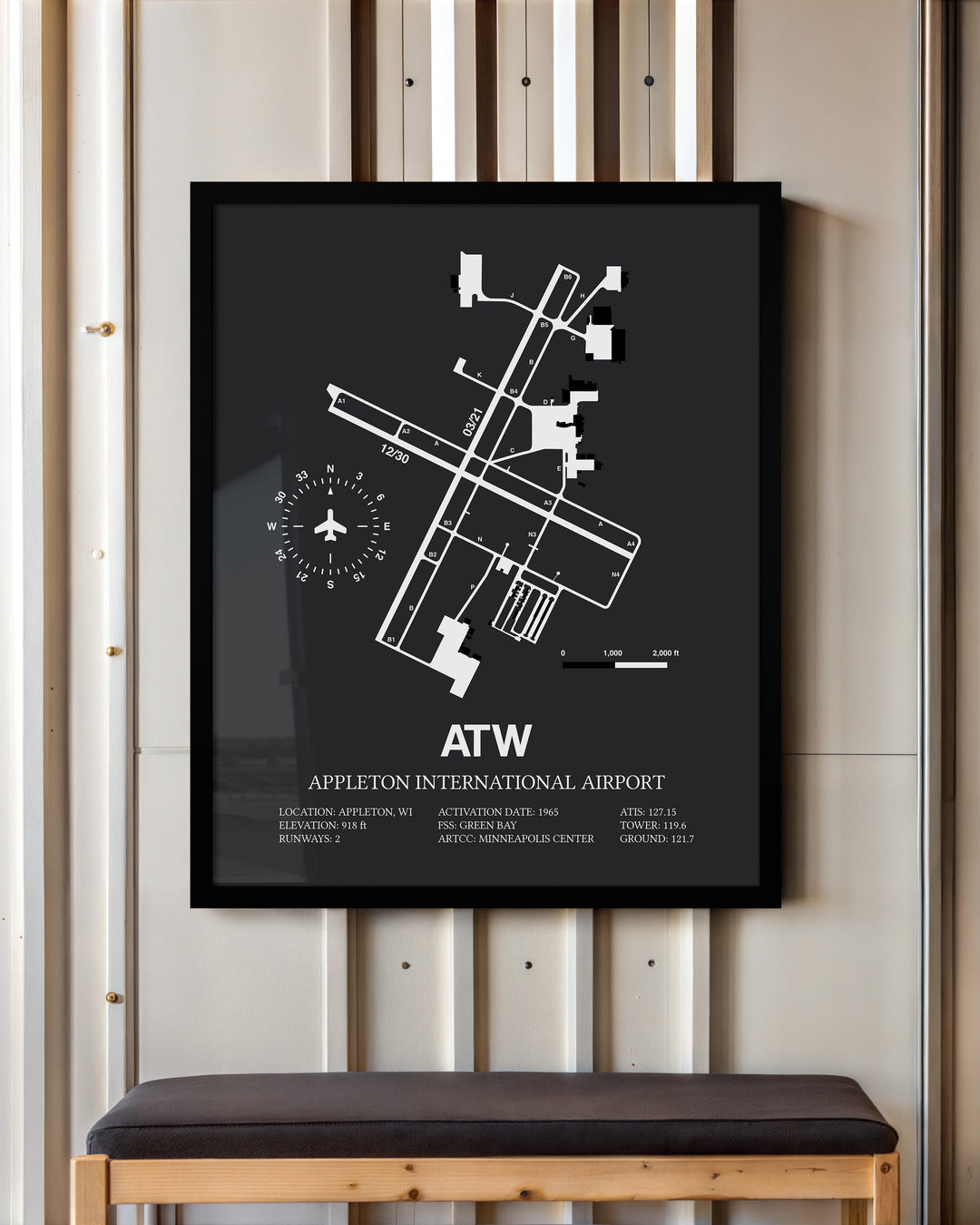 Framed Detailed Airport Map of Appleton International Airport (ATW) in Gray with a Black Frame
