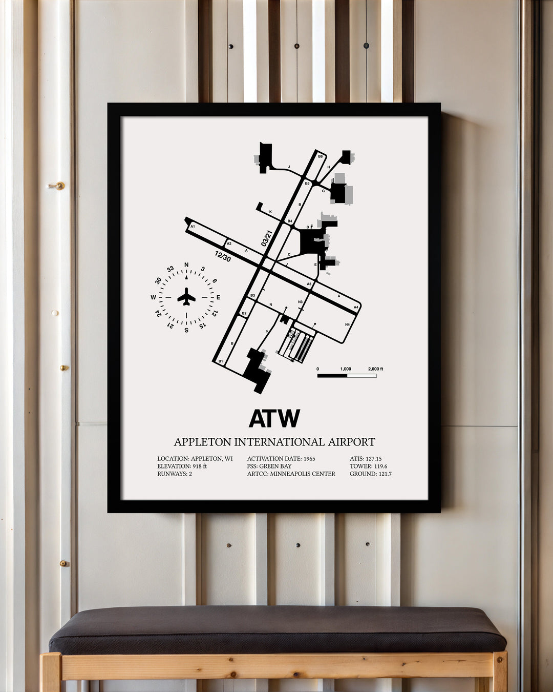 Framed Detailed Airport Map of Appleton International Airport (ATW) in White with a Black Frame